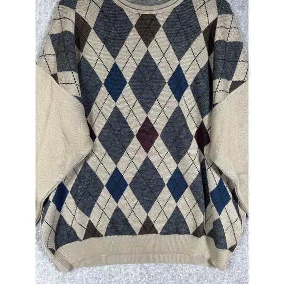 Consensus Merino Wool Blend Italy Argyle Knit Sweater Mens Size XL Tan Pullover - Picture 9 of 15